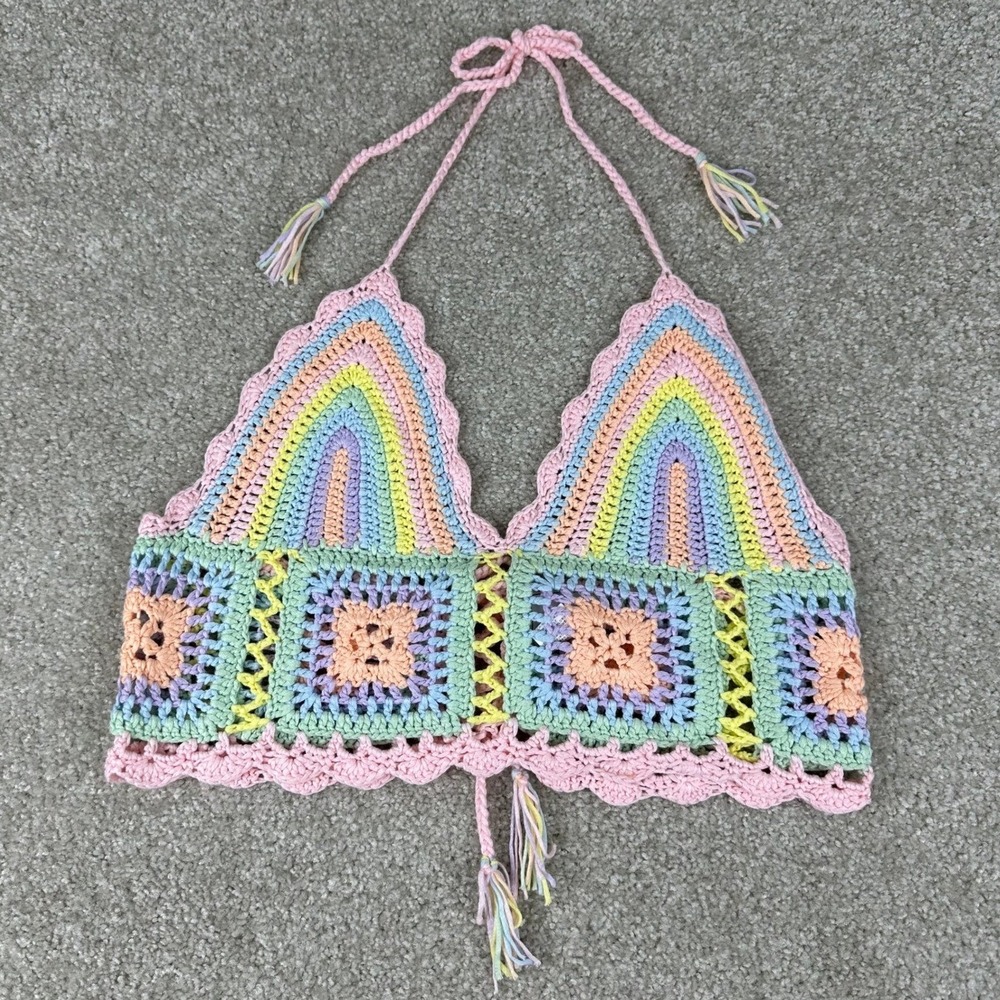 WoWo Pastel Rainbow Crochet Halter Top Granny Square Festival Boho Pink Large